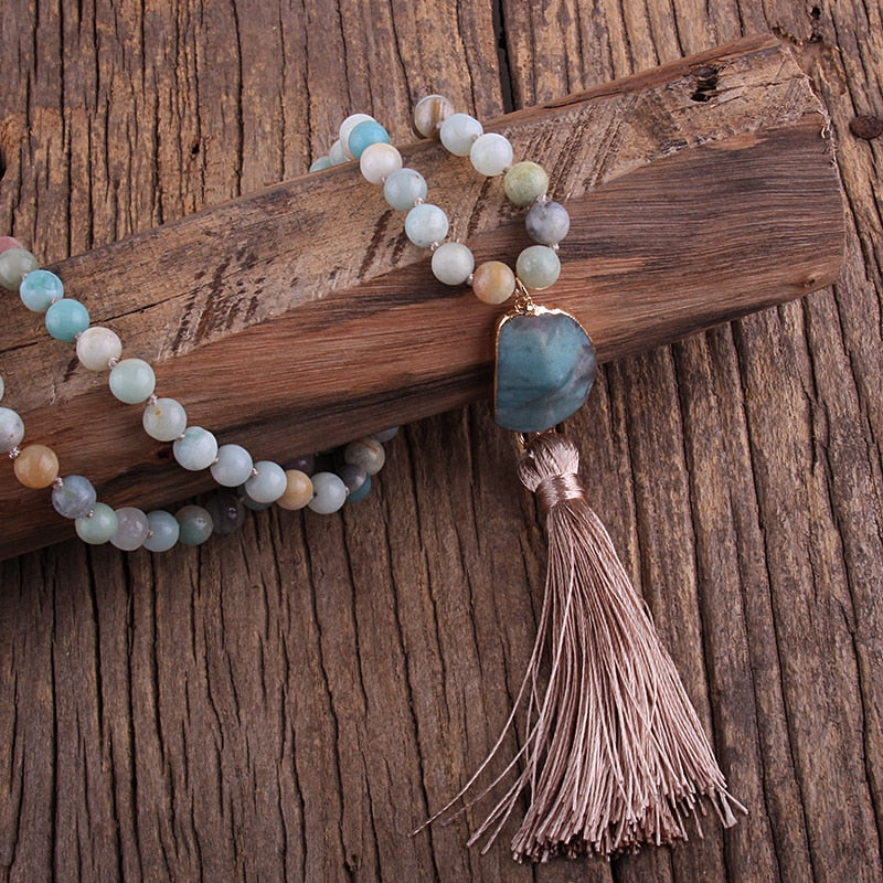 Nya rose Bohemian Amazonite stone pearl necklace with stone jewel and Tassel