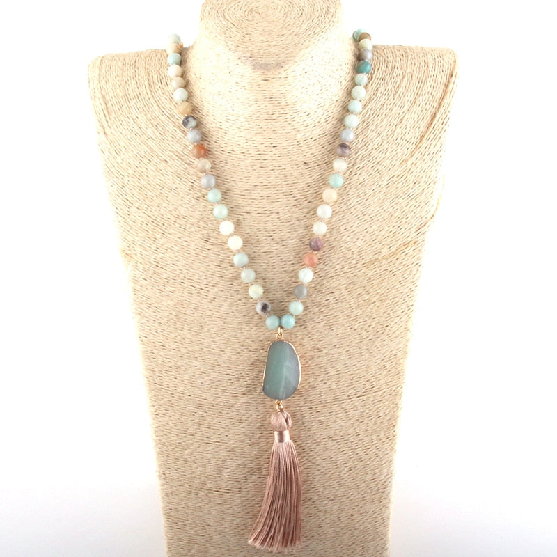 Nya rose Bohemian Amazonite stone pearl necklace with stone jewel and Tassel