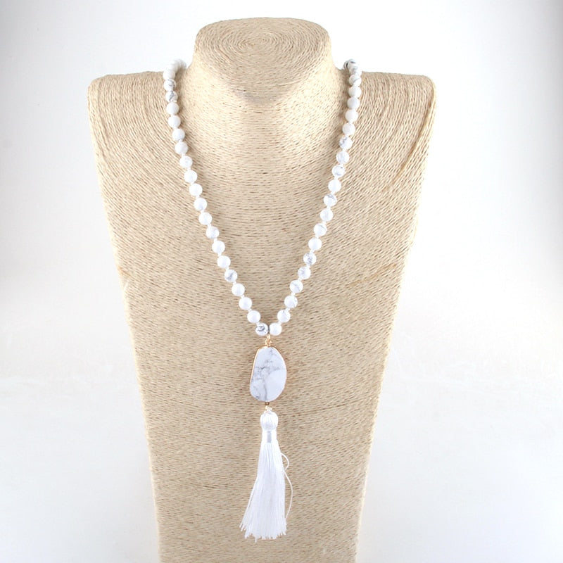 Nya rose Bohemian White stone pearl necklace with stone jewel and Tassel