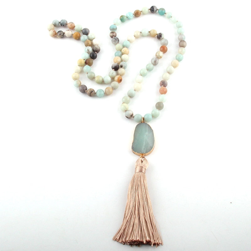 Nya rose Bohemian Amazonite stone pearl necklace with stone jewel and Tassel