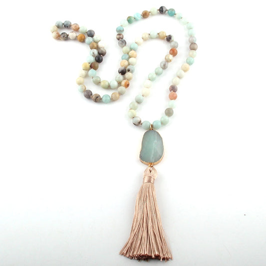 Nya rose Bohemian Amazonite stone pearl necklace with stone jewel and Tassel
