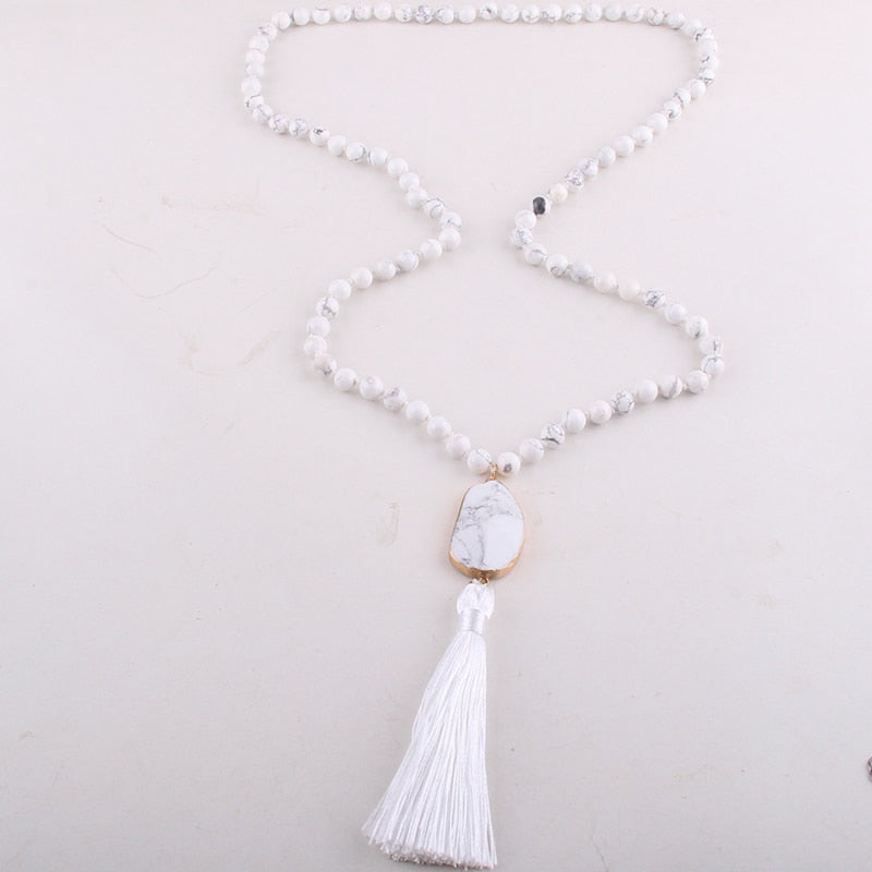 Nya rose Bohemian White stone pearl necklace with stone jewel and Tassel