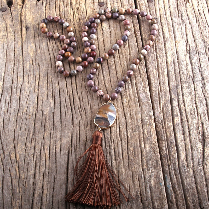 Nya rose Bohemian Coffee stone pearl necklace with stone jewel and Tassel