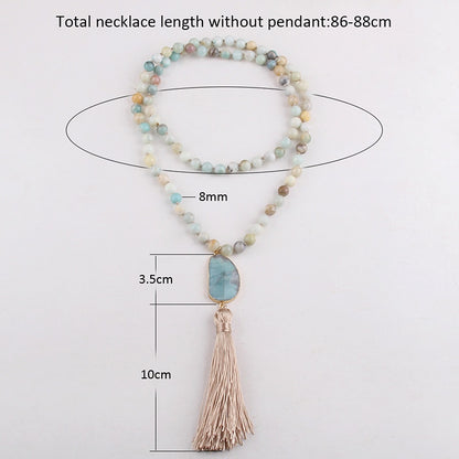 Nya rose Bohemian Amazonite stone pearl necklace with stone jewel and Tassel  showing length sizes