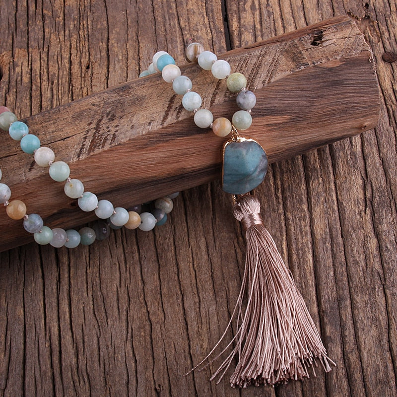 Nya rose Bohemian Amazonite stone pearl necklace with stone jewel and Tassel 