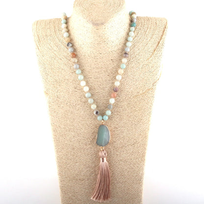 Nya rose Bohemian Amazonite stone pearl necklace with stone jewel and Tassel 
