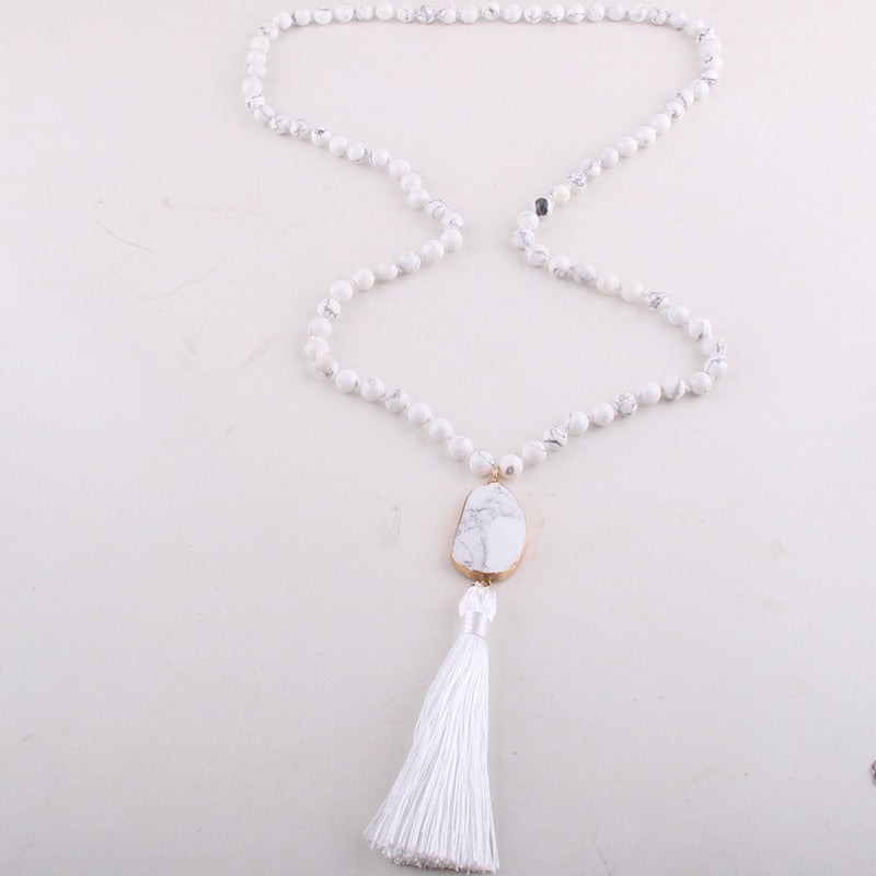 Nya rose Bohemian White stone pearl necklace with stone jewel and Tassel 